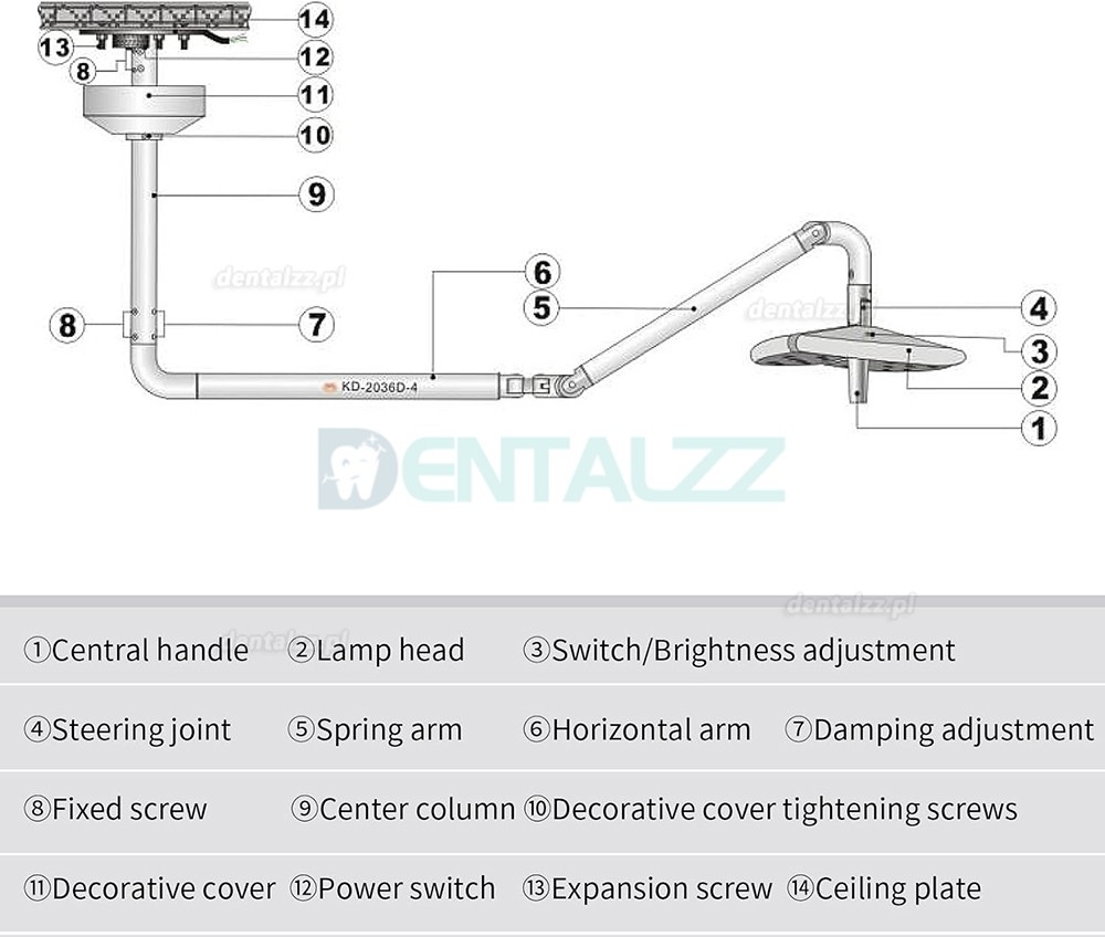 KWS KD-2036D-4 Lampa Operacyjna Stomatologiczna LED 80W Sufitowa Bezcieniowa